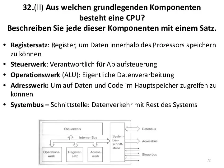 32.(II) Aus welchen grundlegenden Komponenten besteht eine CPU? Beschreiben Sie jede