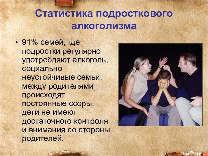 Статистика подросткового алкоголизма 91% семей, где подростки регулярно употребляют алкоголь, социально