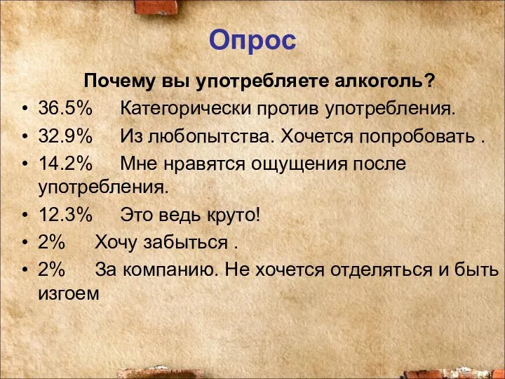 Опрос Почему вы употребляете алкоголь? 36.5% Категорически против употребления. 32.9% Из