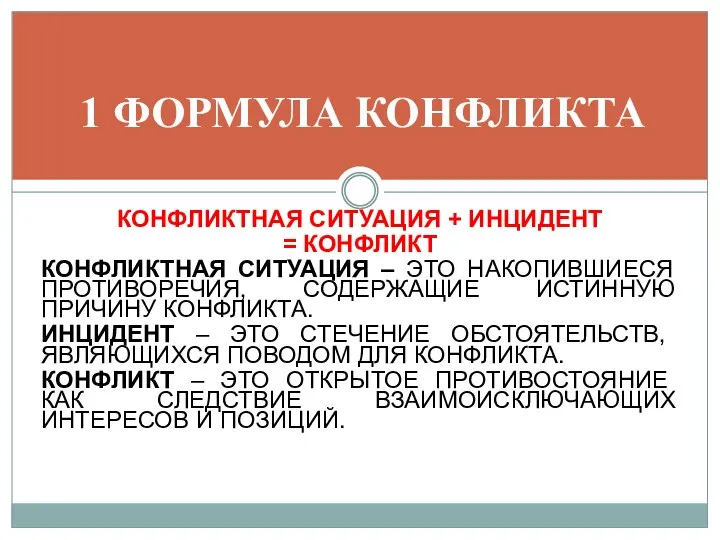 КОНФЛИКТНАЯ СИТУАЦИЯ + ИНЦИДЕНТ = КОНФЛИКТ КОНФЛИКТНАЯ СИТУАЦИЯ – ЭТО НАКОПИВШИЕСЯ