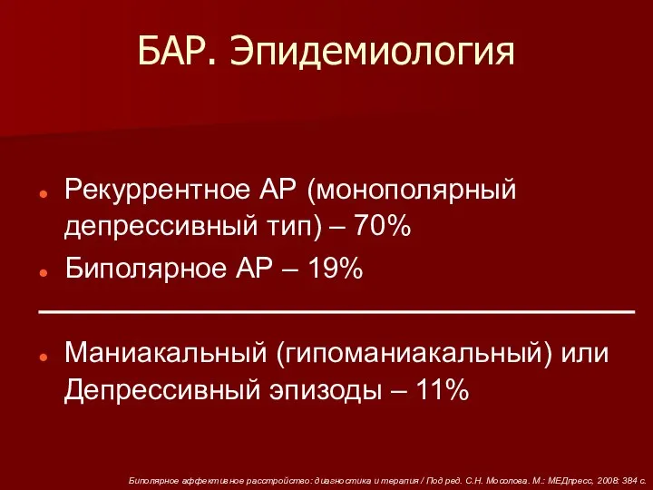 Рекуррентное АР (монополярный депрессивный тип) – 70% Биполярное АР – 19%