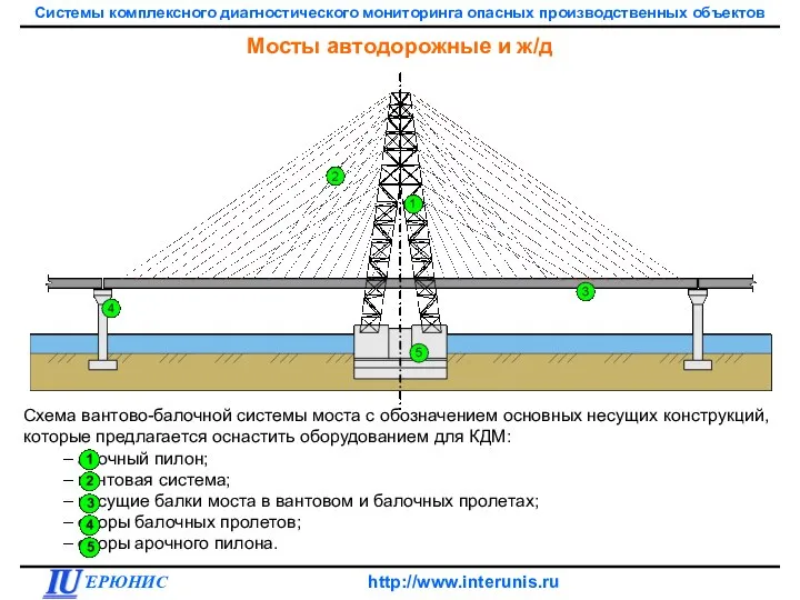 Схема вантово-балочной системы моста с обозначением основных несущих конструкций, которые предлагается
