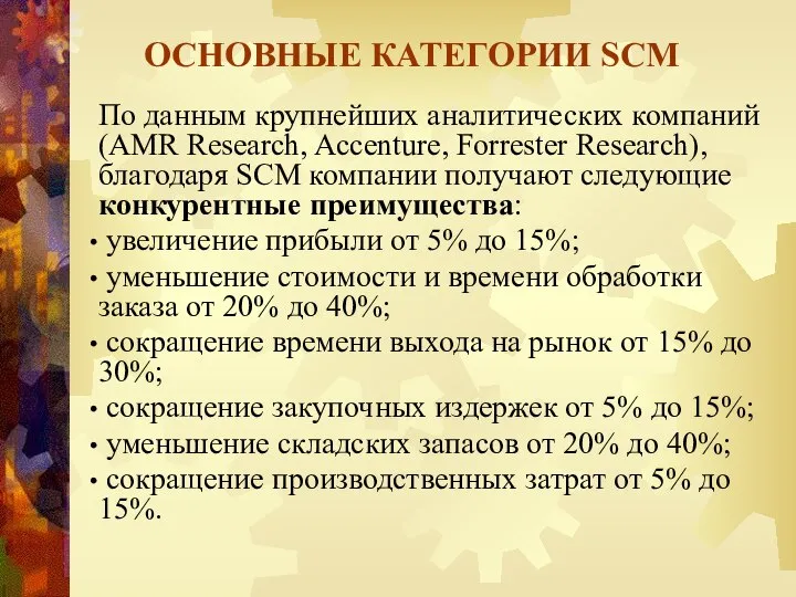 ОСНОВНЫЕ КАТЕГОРИИ SCM По данным крупнейших аналитических компаний (AMR Research, Accenture,