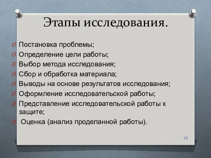 Этапы исследования. Постановка проблемы; Определение цели работы; Выбор метода исследования; Сбор