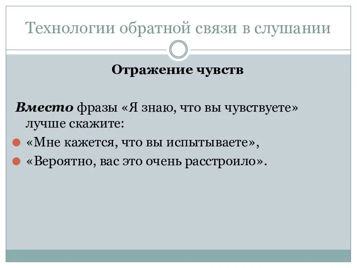 Технологии обратной связи в слушании Отражение чувств Вместо фразы «Я знаю,