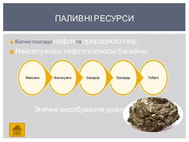 Великі поклади нафти та природного газу. Найпотужніші нафтогазоносні басейни: ПАЛИВНІ РЕСУРСИ Значне видобування урану.