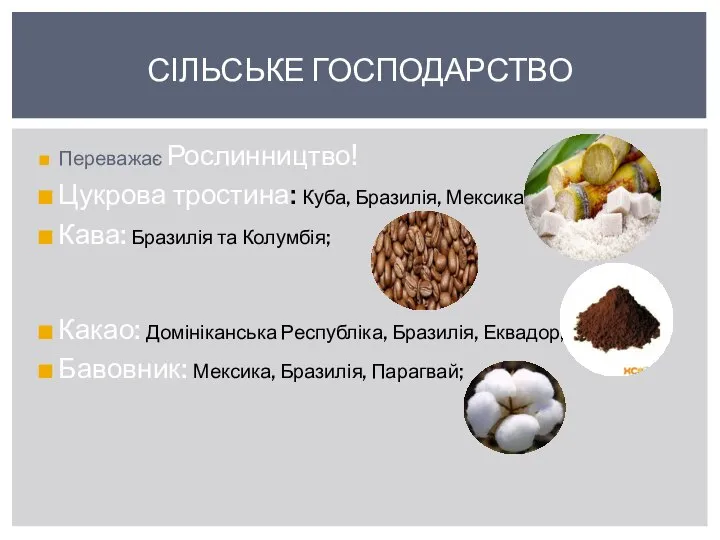 Переважає Рослинництво! Цукрова тростина: Куба, Бразилія, Мексика; Кава: Бразилія та Колумбія;