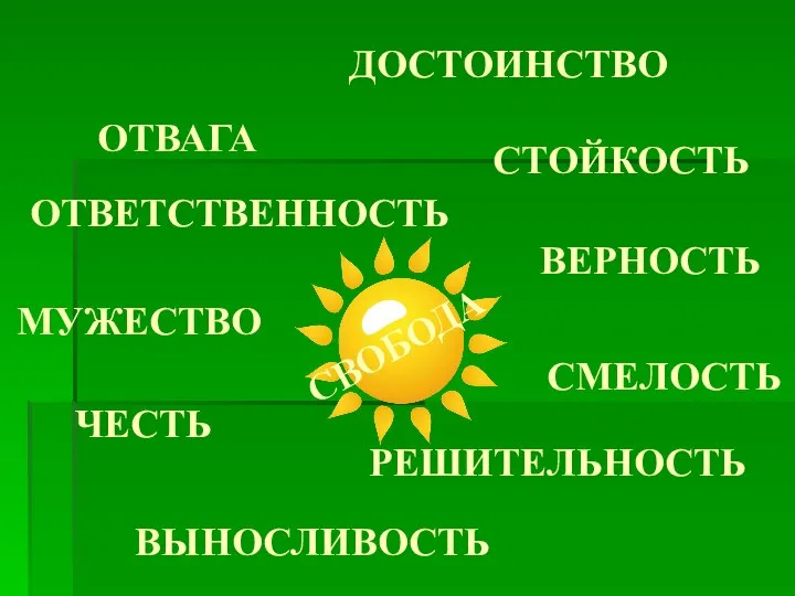 ДОСТОИНСТВО СВОБОДА СТОЙКОСТЬ ВЫНОСЛИВОСТЬ ВЕРНОСТЬ СМЕЛОСТЬ РЕШИТЕЛЬНОСТЬ МУЖЕСТВО ОТВЕТСТВЕННОСТЬ ОТВАГА ЧЕСТЬ