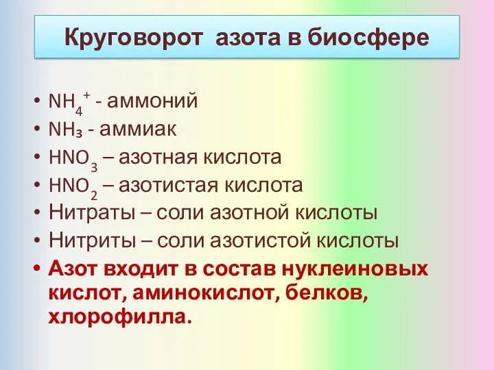 NH4+ - аммоний NH₃ - аммиак HNO3 – азотная кислота HNO2