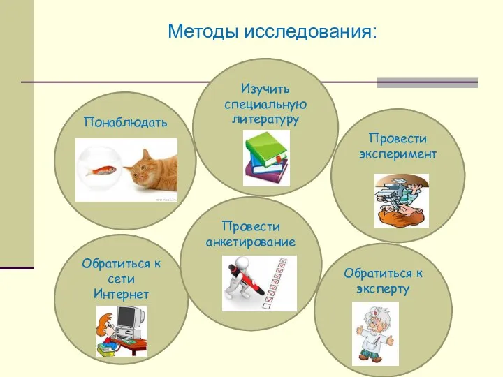 Методы исследования: Понаблюдать Изучить специальную литературу Провести эксперимент Обратиться к сети