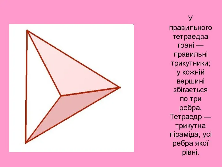 У правильного тетраедра грані — правильні трикутники; у кожній вершині збігається