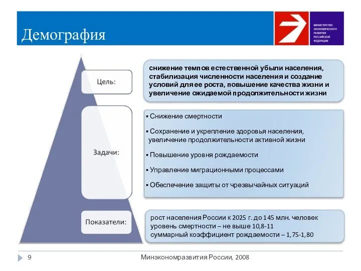 Демография Минэкономразвития России, 2008 снижение темпов естественной убыли населения, стабилизация численности