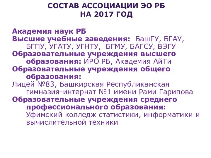 СОСТАВ АССОЦИАЦИИ ЭО РБ НА 2017 ГОД Академия наук РБ Высшие