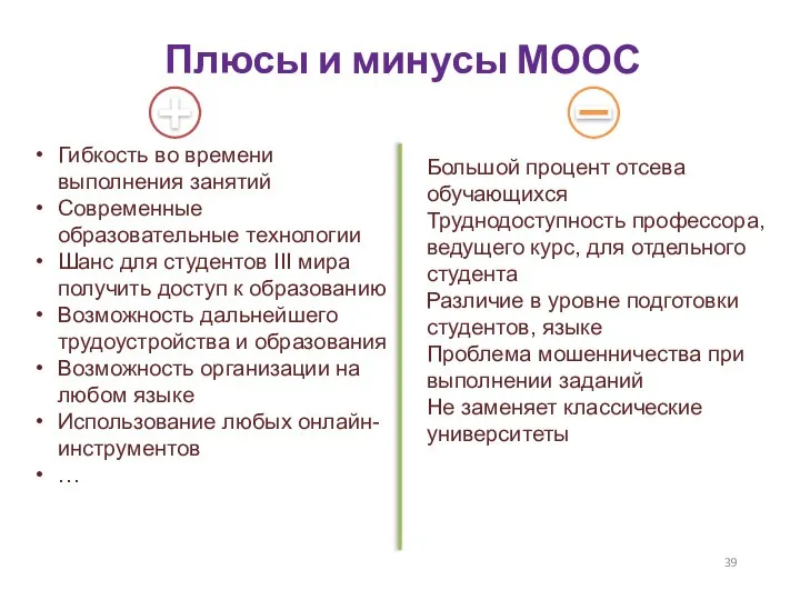 Плюсы и минусы МООС Гибкость во времени выполнения занятий Современные образовательные