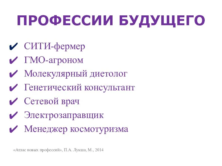 ПРОФЕССИИ БУДУЩЕГО СИТИ-фермер ГМО-агроном Молекулярный диетолог Генетический консультант Сетевой врач Электрозаправщик