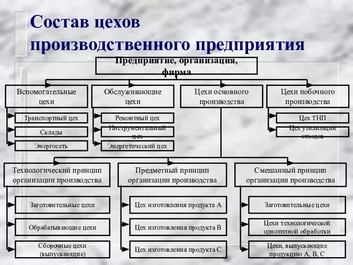 Состав цехов производственного предприятия Предприятие, организация, фирма Вспомогательные цехи Обслуживающие цехи