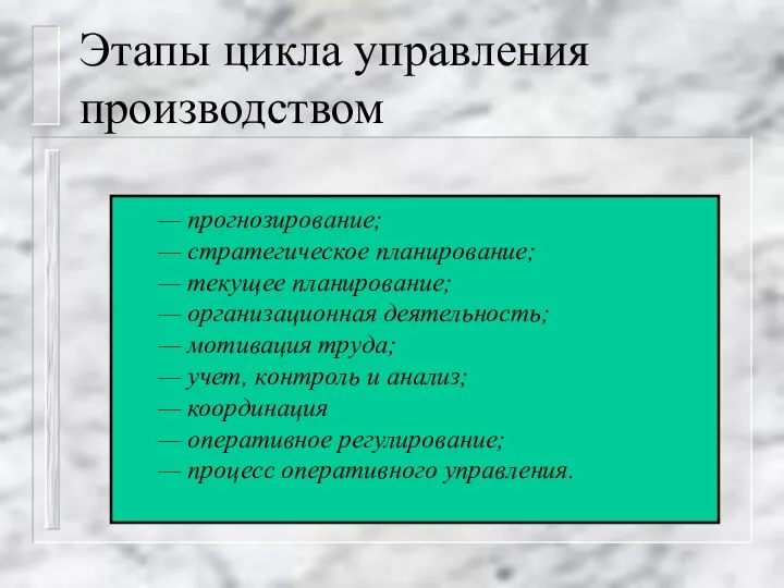 Этапы цикла управления производством — прогнозирование; — стратегическое планирование; — текущее