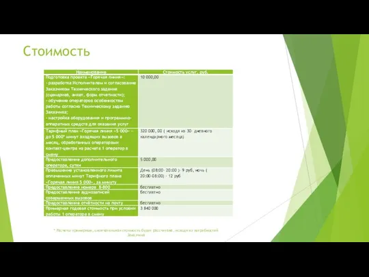 * Расчеты примерные, окончательная стоимость будет рассчитана, исходя из потребностей Заказчика Стоимость