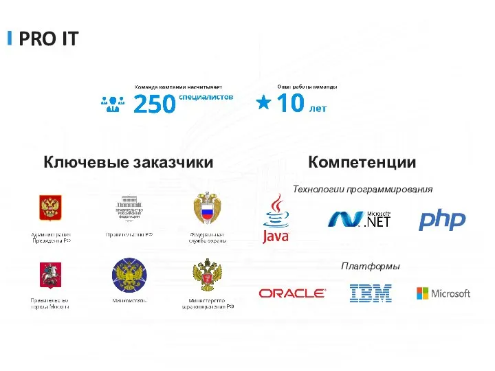Ключевые заказчики PRO IT Компетенции Технологии программирования Платформы