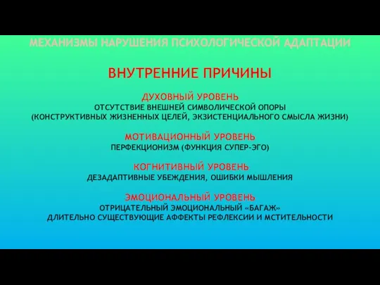 ВНУТРЕННИЕ ПРИЧИНЫ ДУХОВНЫЙ УРОВЕНЬ ОТСУТСТВИЕ ВНЕШНЕЙ СИМВОЛИЧЕСКОЙ ОПОРЫ (КОНСТРУКТИВНЫХ ЖИЗНЕННЫХ ЦЕЛЕЙ,