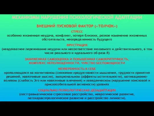 ВНЕШНИЙ ПУСКОВОЙ ФАКТОР («ТОЛЧОК») СТРЕСС особенно жизненная неудача, конфликт, потеря близких,