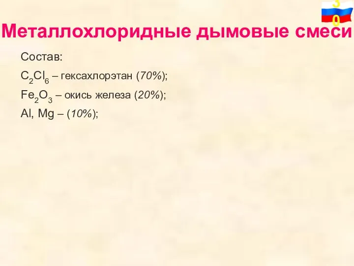 Металлохлоридные дымовые смеси Состав: С2Cl6 – гексахлорэтан (70%); Fe2O3 – окись