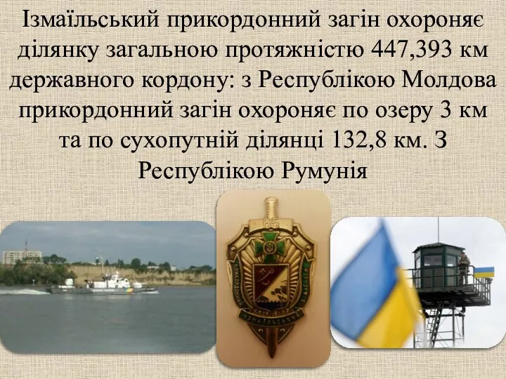 Ізмаїльський прикордонний загін охороняє ділянку загальною протяжністю 447,393 км державного кордону: