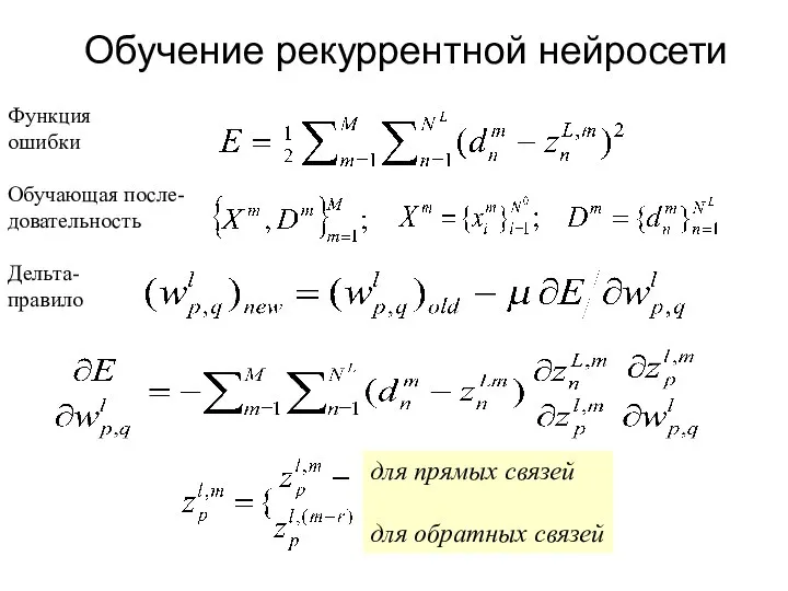 Обучение рекуррентной нейросети Обучающая после-довательность Функция ошибки Дельта- правило для прямых связей для обратных связей