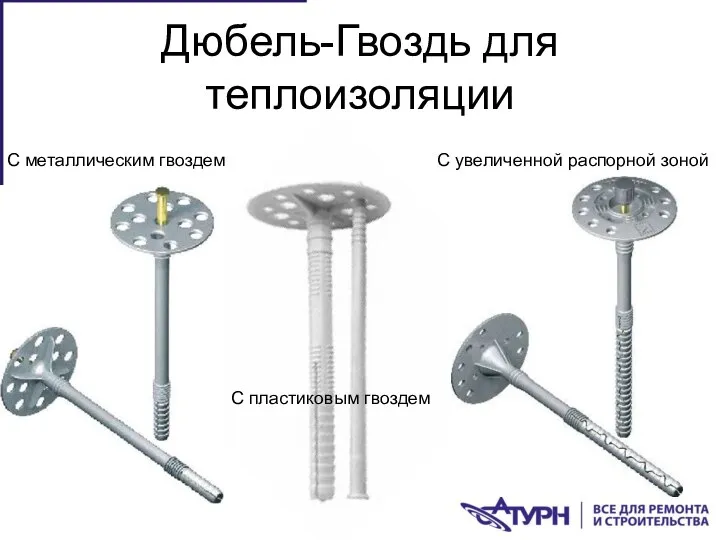 Дюбель-Гвоздь для теплоизоляции С металлическим гвоздем С пластиковым гвоздем С увеличенной распорной зоной