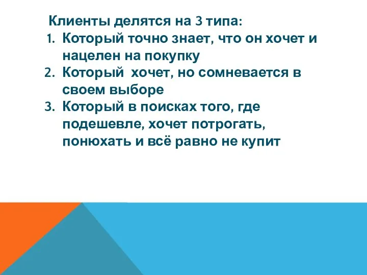 Клиенты делятся на 3 типа: Который точно знает, что он хочет