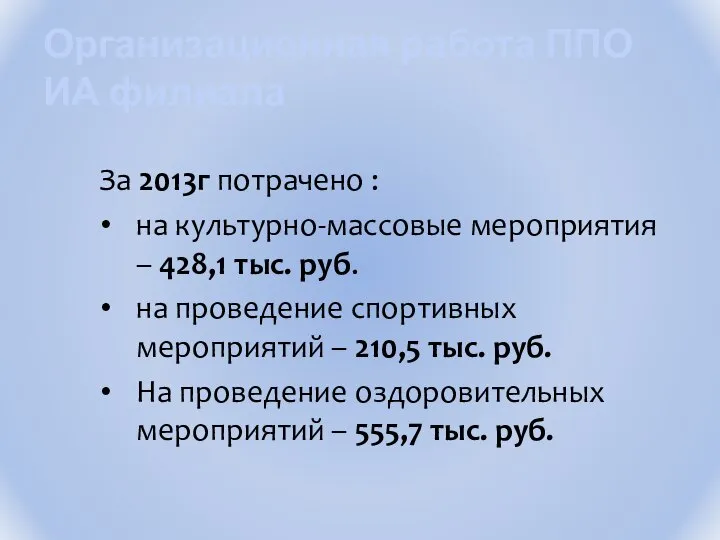 Организационная работа ППО ИА филиала За 2013г потрачено : на культурно-массовые