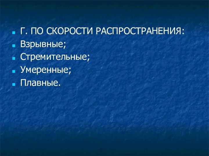 Г. ПО СКОРОСТИ РАСПРОСТРАНЕНИЯ: Взрывные; Стремительные; Умеренные; Плавные.