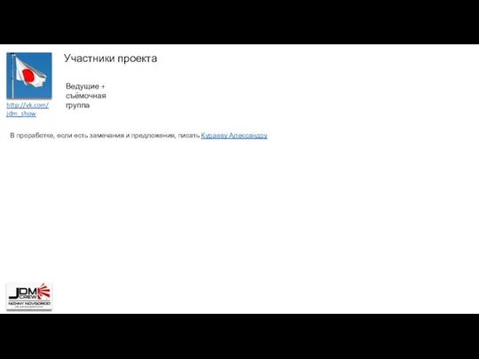 Участники проекта В проработке, если есть замечания и предложения, писать Кураеву Александру Ведущие + съёмочная группа