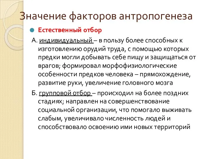 Значение факторов антропогенеза Естественный отбор А. индивидуальный – в пользу более