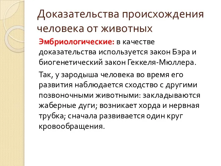 Доказательства происхождения человека от животных Эмбриологические: в качестве доказательства используется закон