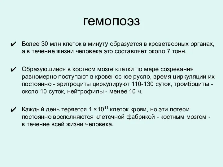 гемопоэз Более 30 млн клеток в минуту образуется в кроветворных органах,