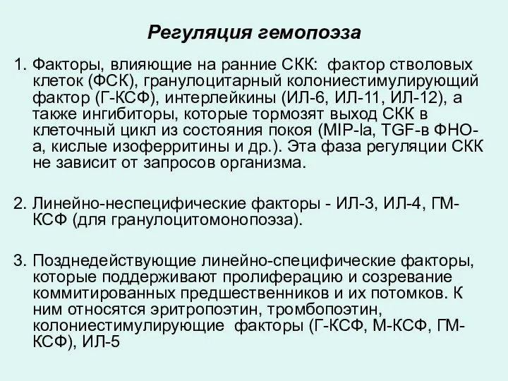 Регуляция гемопоэза 1. Факторы, влияющие на ранние СКК: фактор стволовых клеток