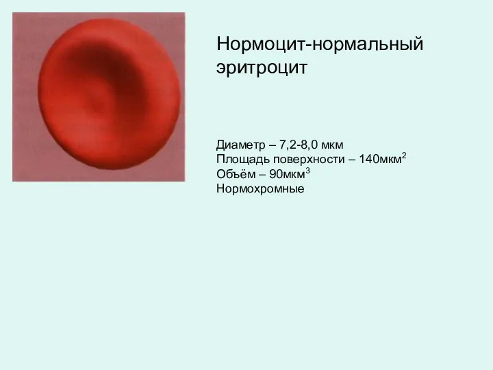 Диаметр – 7,2-8,0 мкм Площадь поверхности – 140мкм2 Объём – 90мкм3 Нормохромные Нормоцит-нормальный эритроцит