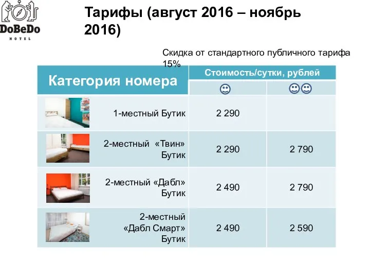 Тарифы (август 2016 – ноябрь 2016) Скидка от стандартного публичного тарифа 15%