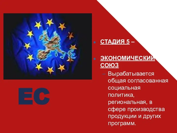 СТАДИЯ 5 – ЭКОНОМИЧЕСКИЙ СОЮЗ Вырабатывается общая согласованная социальная политика, региональная,