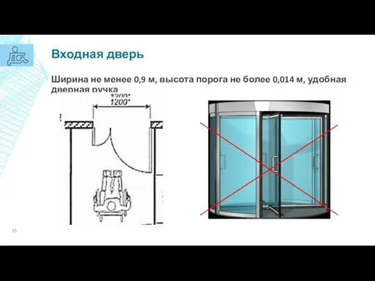 Входная дверь Ширина не менее 0,9 м, высота порога не более 0,014 м, удобная дверная ручка