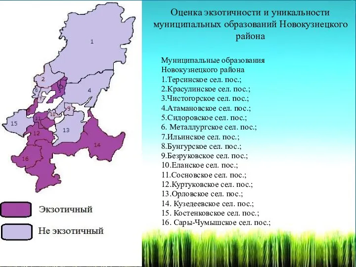 Оценка экзотичности и уникальности муниципальных образований Новокузнецкого района Муниципальные образования Новокузнецкого