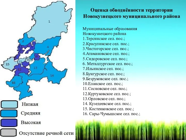 Оценка обводнённости территории Новокузнецкого муниципального района Муниципальные образования Новокузнецкого района 1.Терсинское