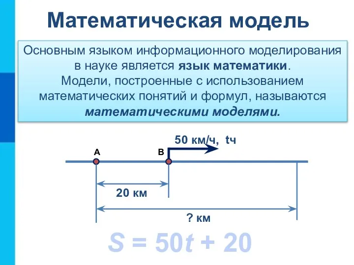 Математическая модель Основным языком информационного моделирования в науке является язык математики.