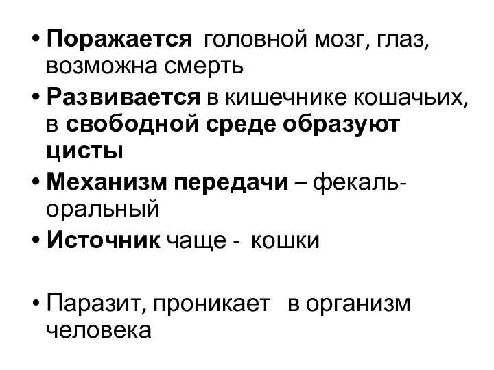 Поражается головной мозг, глаз, возможна смерть Развивается в кишечнике кошачьих, в