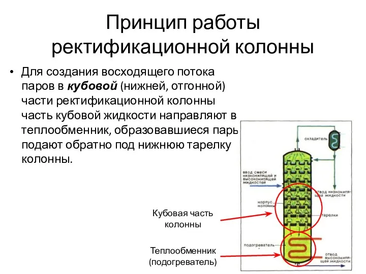 Принцип работы ректификационной колонны Для создания восходящего потока паров в кубовой