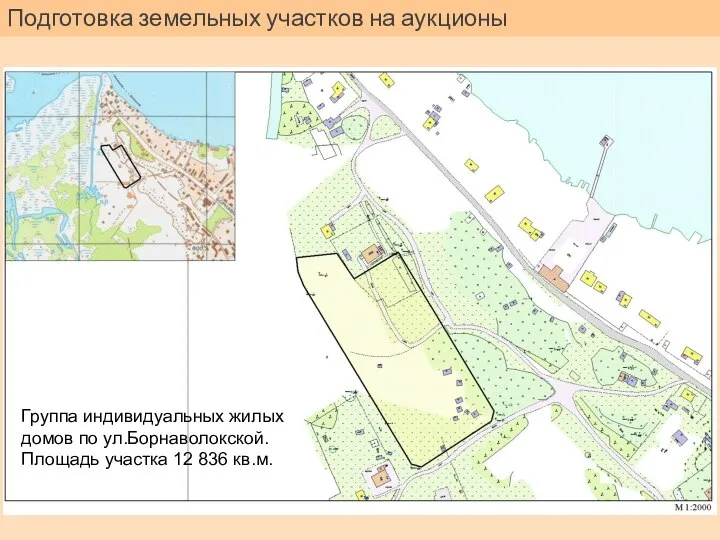 Подготовка земельных участков на аукционы Группа индивидуальных жилых домов по ул.Борнаволокской. Площадь участка 12 836 кв.м.