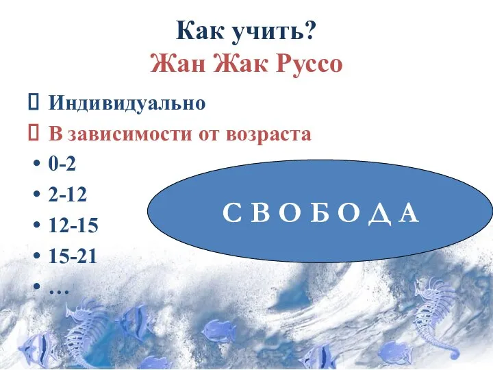 Как учить? Жан Жак Руссо Индивидуально В зависимости от возраста 0-2