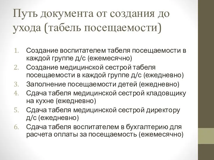 Путь документа от создания до ухода (табель посещаемости) Создание воспитателем табеля