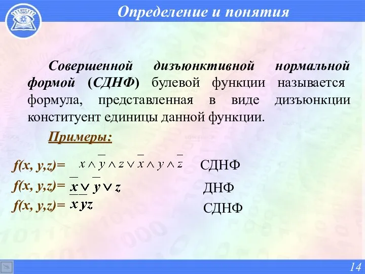 Определение и понятия Совершенной дизъюнктивной нормальной формой (СДНФ) булевой функции называется